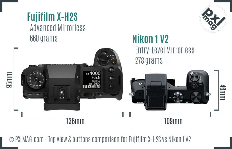 Fujifilm X-H2S vs Nikon 1 V2 top view buttons comparison