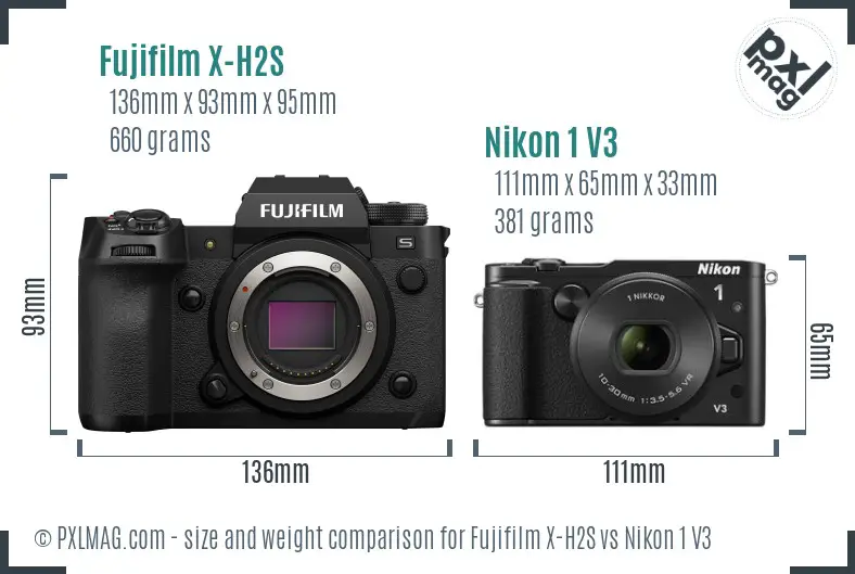 Fujifilm X-H2S vs Nikon 1 V3 size comparison