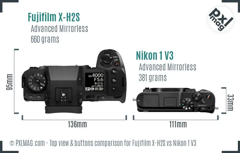 Fujifilm X-H2S vs Nikon 1 V3 top view buttons comparison