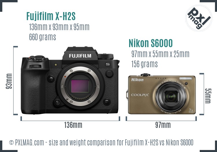 Fujifilm X-H2S vs Nikon S6000 size comparison
