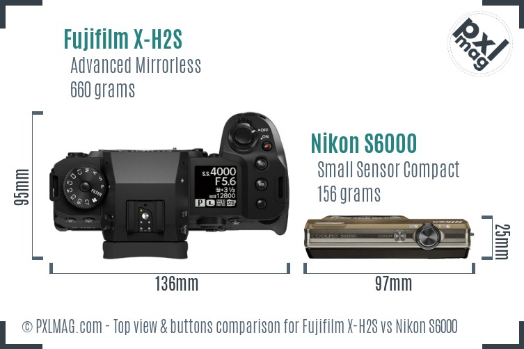 Fujifilm X-H2S vs Nikon S6000 top view buttons comparison