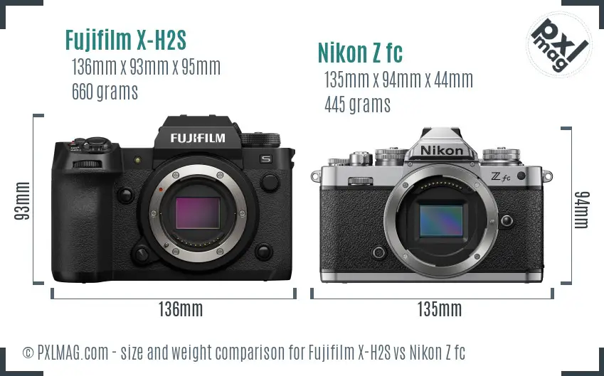 Fujifilm X-H2S vs Nikon Z fc size comparison