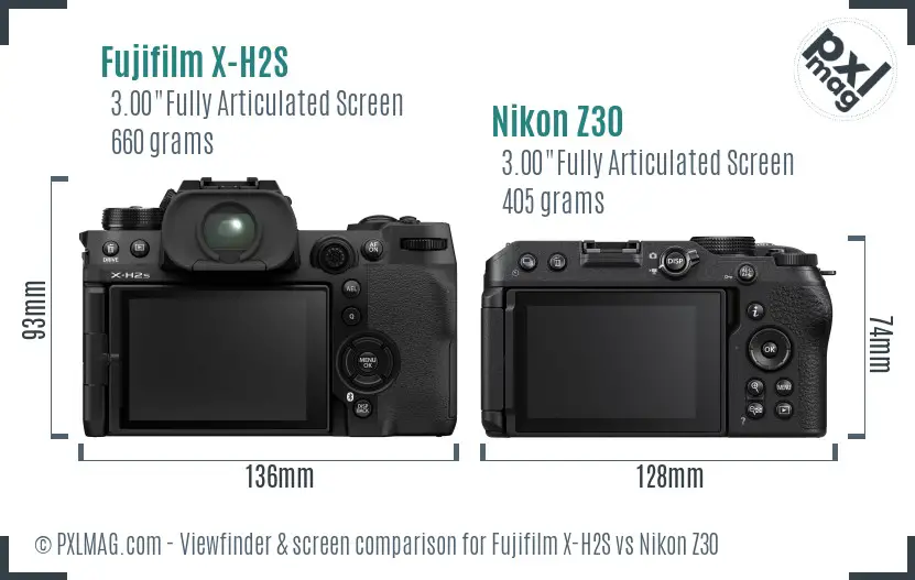 Fujifilm X-H2S vs Nikon Z30 Screen and Viewfinder comparison