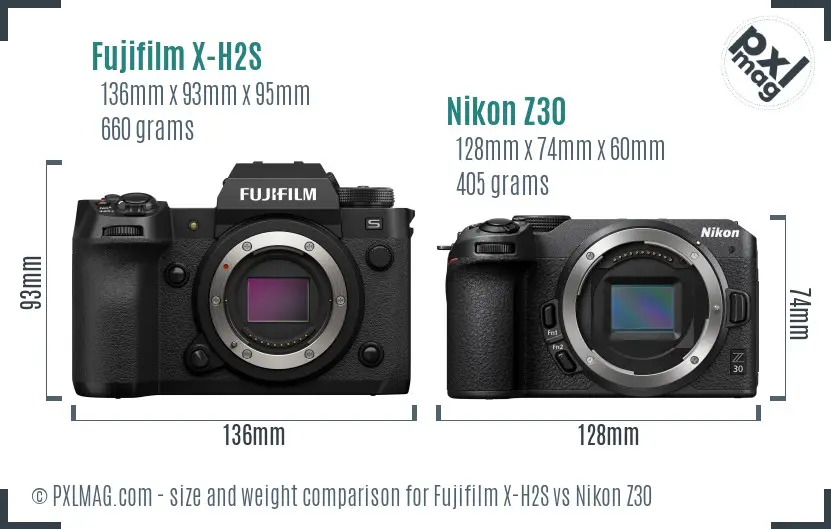 Fujifilm X-H2S vs Nikon Z30 size comparison