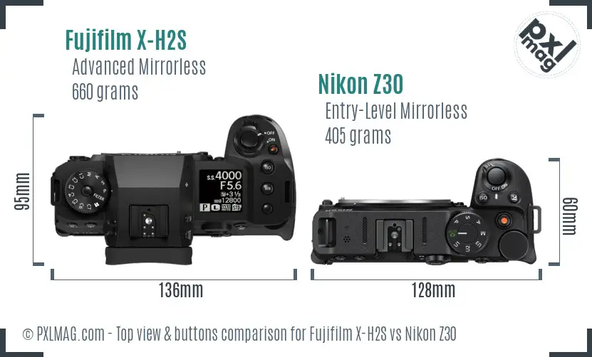 Fujifilm X-H2S vs Nikon Z30 top view buttons comparison