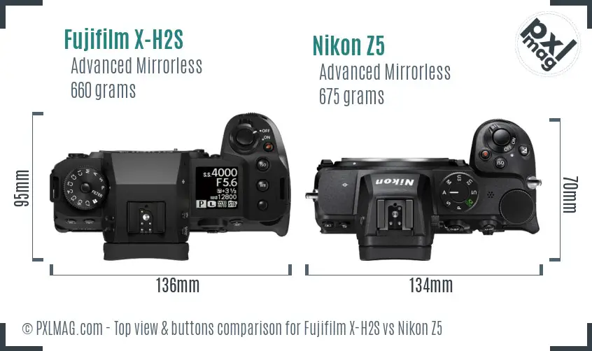 Fujifilm X-H2S vs Nikon Z5 top view buttons comparison
