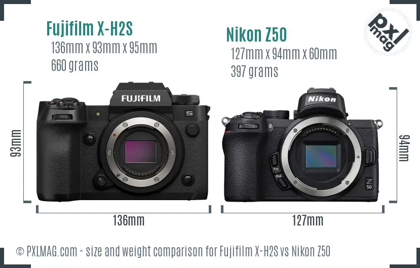 Fujifilm X-H2S vs Nikon Z50 size comparison