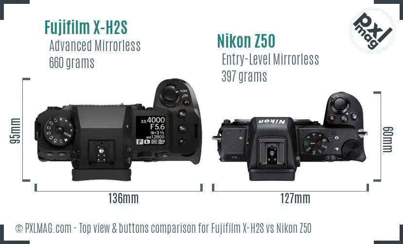 Fujifilm X-H2S vs Nikon Z50 top view buttons comparison