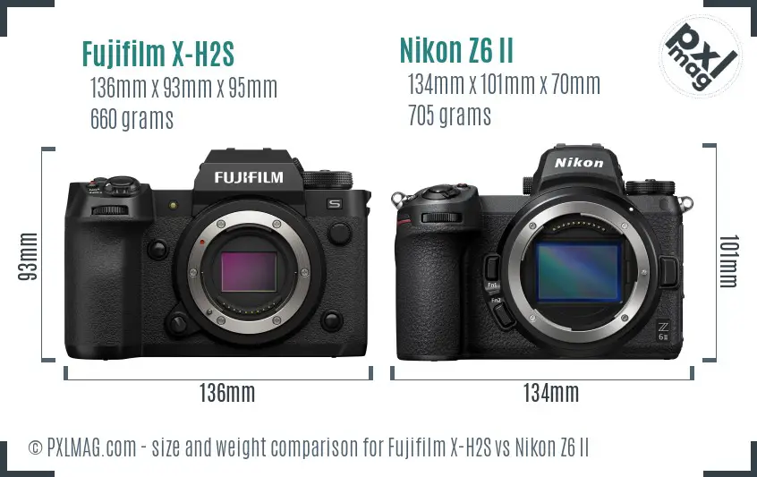 Fujifilm X-H2S vs Nikon Z6 II size comparison