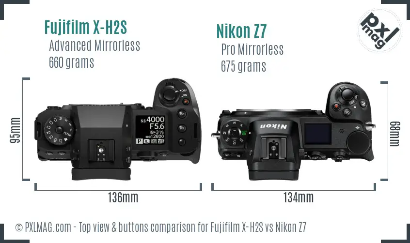 Fujifilm X-H2S vs Nikon Z7 top view buttons comparison