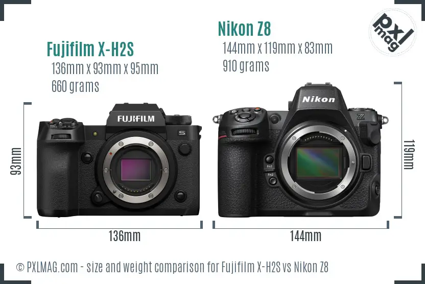 Fujifilm X-H2S vs Nikon Z8 size comparison