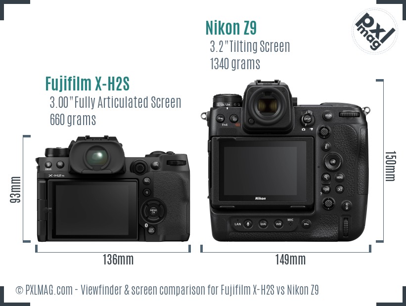 Fujifilm X-H2S vs Nikon Z9 Screen and Viewfinder comparison