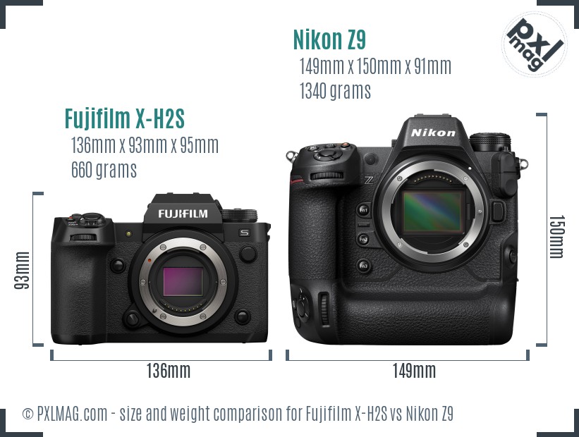 Fujifilm X-H2S vs Nikon Z9 size comparison Fujifilm X-H2S vs Nikon Z9 size comparison