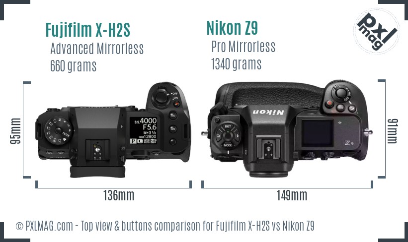 Fujifilm X-H2S vs Nikon Z9 top view buttons comparison