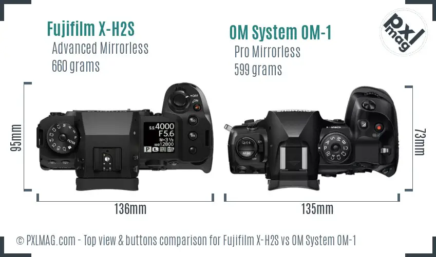 Fujifilm X-H2S vs OM System OM-1 top view buttons comparison