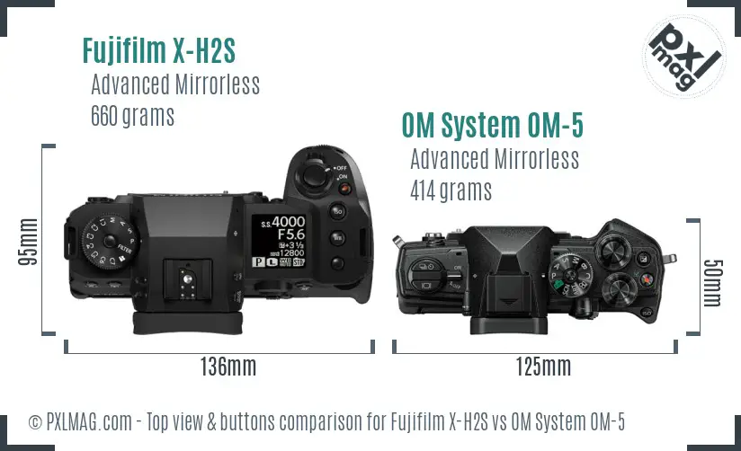 Fujifilm X-H2S vs OM System OM-5 top view buttons comparison
