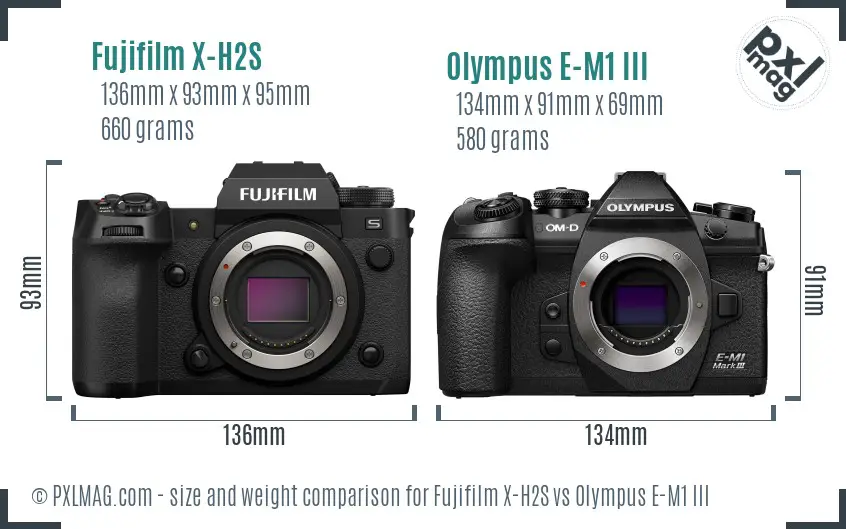 Fujifilm X-H2S vs Olympus E-M1 III size comparison