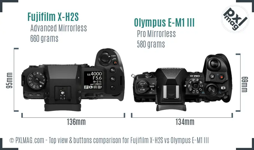 Fujifilm X-H2S vs Olympus E-M1 III top view buttons comparison