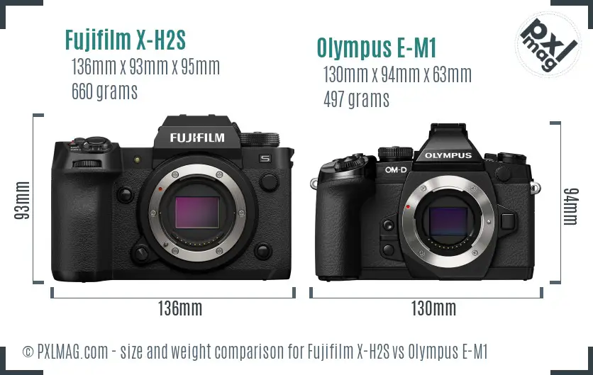 Fujifilm X-H2S vs Olympus E-M1 size comparison