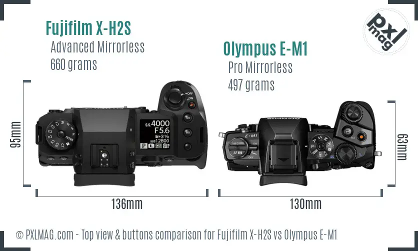 Fujifilm X-H2S vs Olympus E-M1 top view buttons comparison