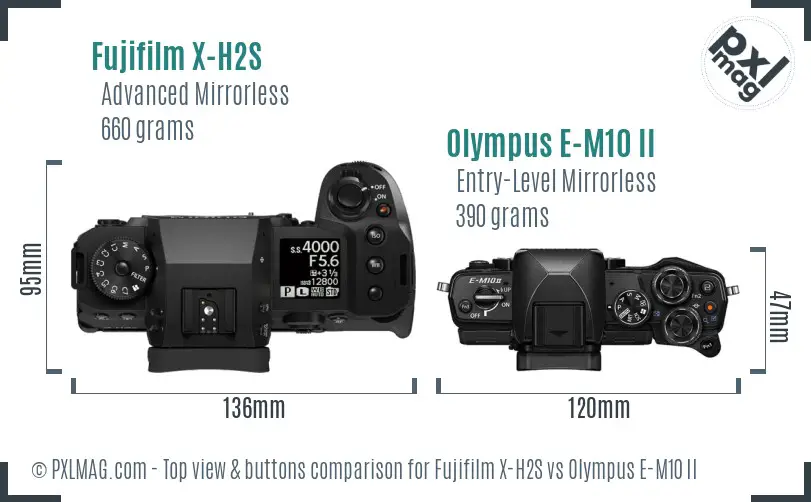 Fujifilm X-H2S vs Olympus E-M10 II top view buttons comparison