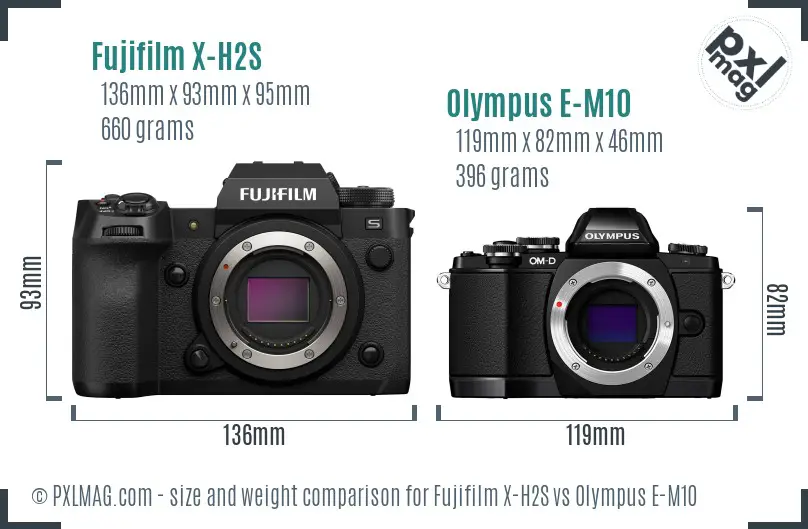 Fujifilm X-H2S vs Olympus E-M10 size comparison