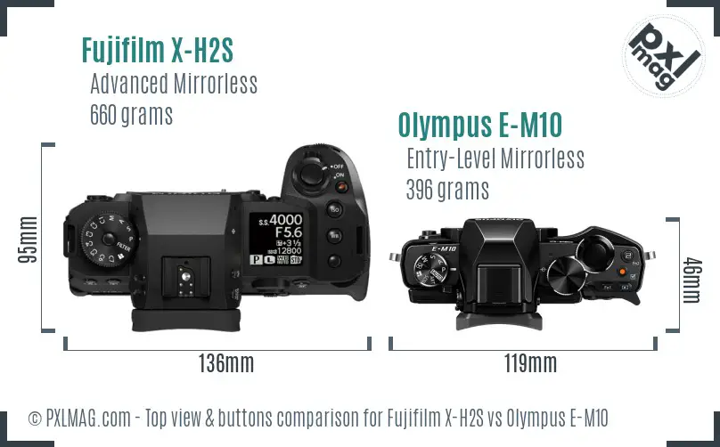 Fujifilm X-H2S vs Olympus E-M10 top view buttons comparison