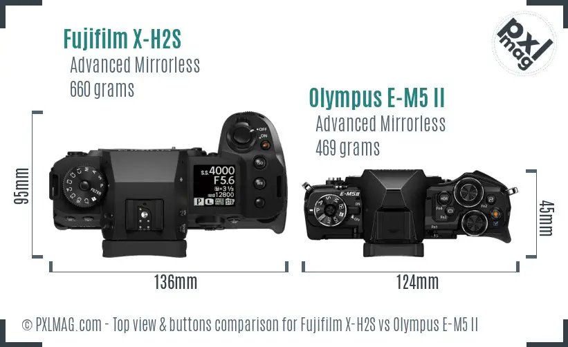 Fujifilm X-H2S vs Olympus E-M5 II top view buttons comparison