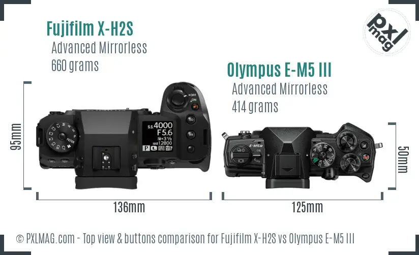Fujifilm X-H2S vs Olympus E-M5 III top view buttons comparison