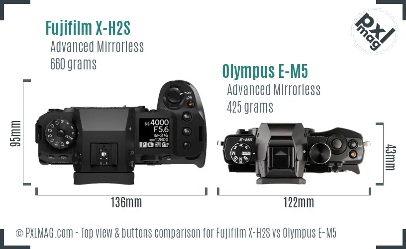 Fujifilm X-H2S vs Olympus E-M5 top view buttons comparison