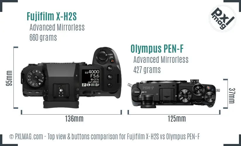 Fujifilm X-H2S vs Olympus PEN-F top view buttons comparison
