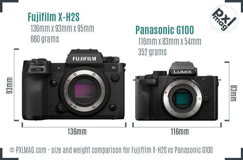 Fujifilm X-H2S vs Panasonic G100 size comparison