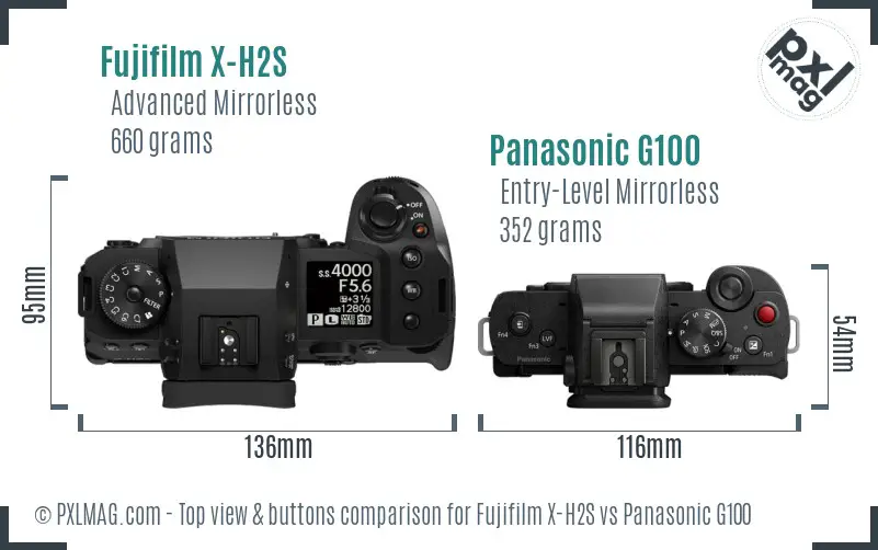 Fujifilm X-H2S vs Panasonic G100 top view buttons comparison