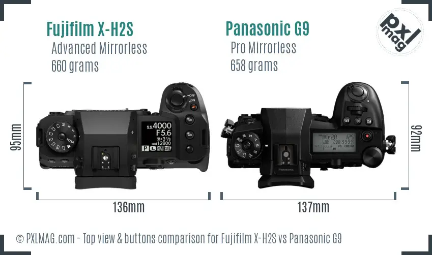 Fujifilm X-H2S vs Panasonic G9 top view buttons comparison Fujifilm X-H2S vs Panasonic G9 top view buttons comparison