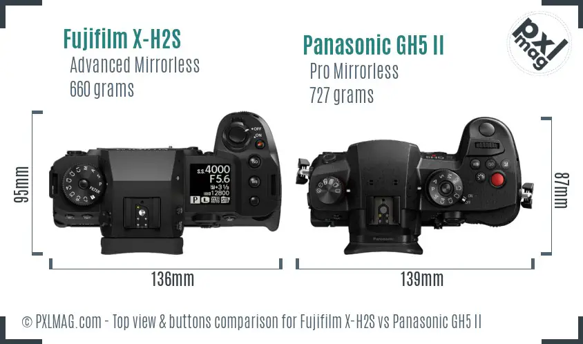 Fujifilm X-H2S vs Panasonic GH5 II top view buttons comparison