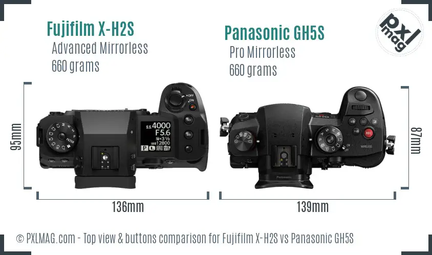 Fujifilm X-H2S vs Panasonic GH5S top view buttons comparison