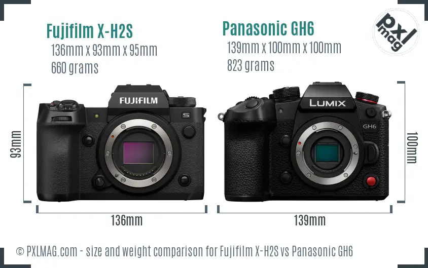 Fujifilm X-H2S vs Panasonic GH6 size comparison