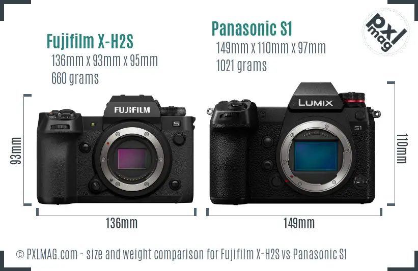 Fujifilm X-H2S vs Panasonic S1 size comparison