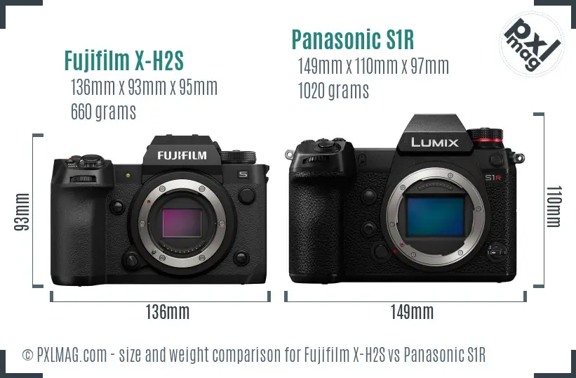 Fujifilm X-H2S vs Panasonic S1R size comparison