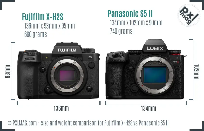 Fujifilm X-H2S vs Panasonic S5 II size comparison