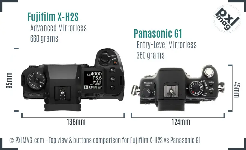 Fujifilm X-H2S vs Panasonic G1 top view buttons comparison