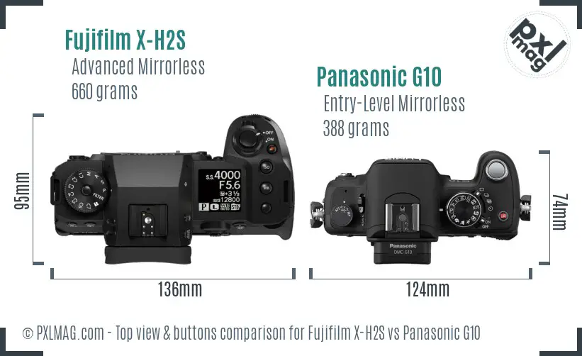 Fujifilm X-H2S vs Panasonic G10 top view buttons comparison