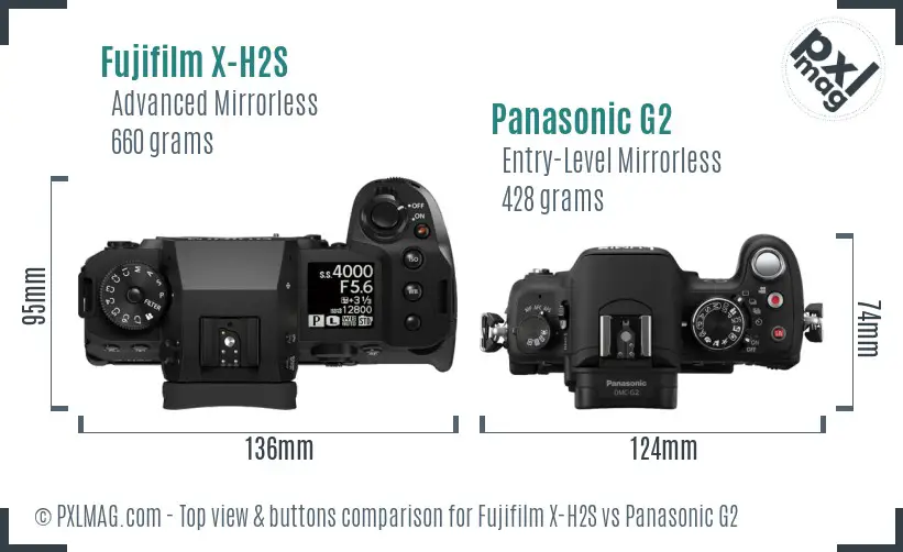 Fujifilm X-H2S vs Panasonic G2 top view buttons comparison