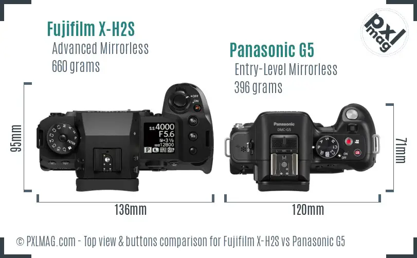 Fujifilm X-H2S vs Panasonic G5 top view buttons comparison