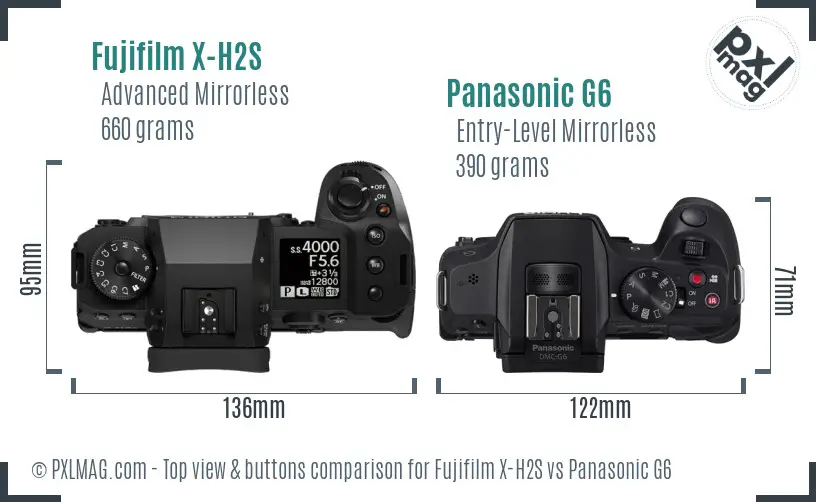 Fujifilm X-H2S vs Panasonic G6 top view buttons comparison