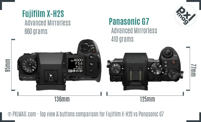 Fujifilm X-H2S vs Panasonic G7 top view buttons comparison