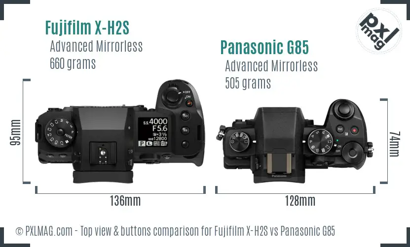 Fujifilm X-H2S vs Panasonic G85 top view buttons comparison