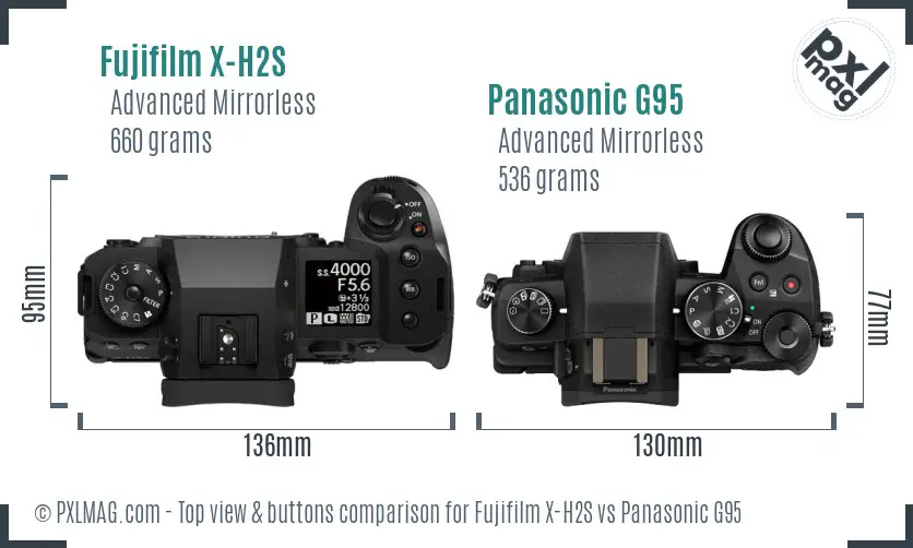 Fujifilm X-H2S vs Panasonic G95 top view buttons comparison
