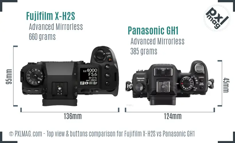 Fujifilm X-H2S vs Panasonic GH1 top view buttons comparison