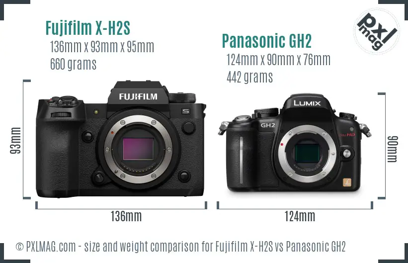 Fujifilm X-H2S vs Panasonic GH2 size comparison